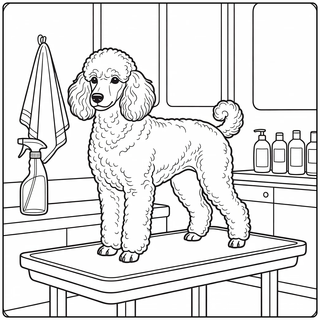 A fluffy Poodle on a grooming table, a realistic dog coloring page.