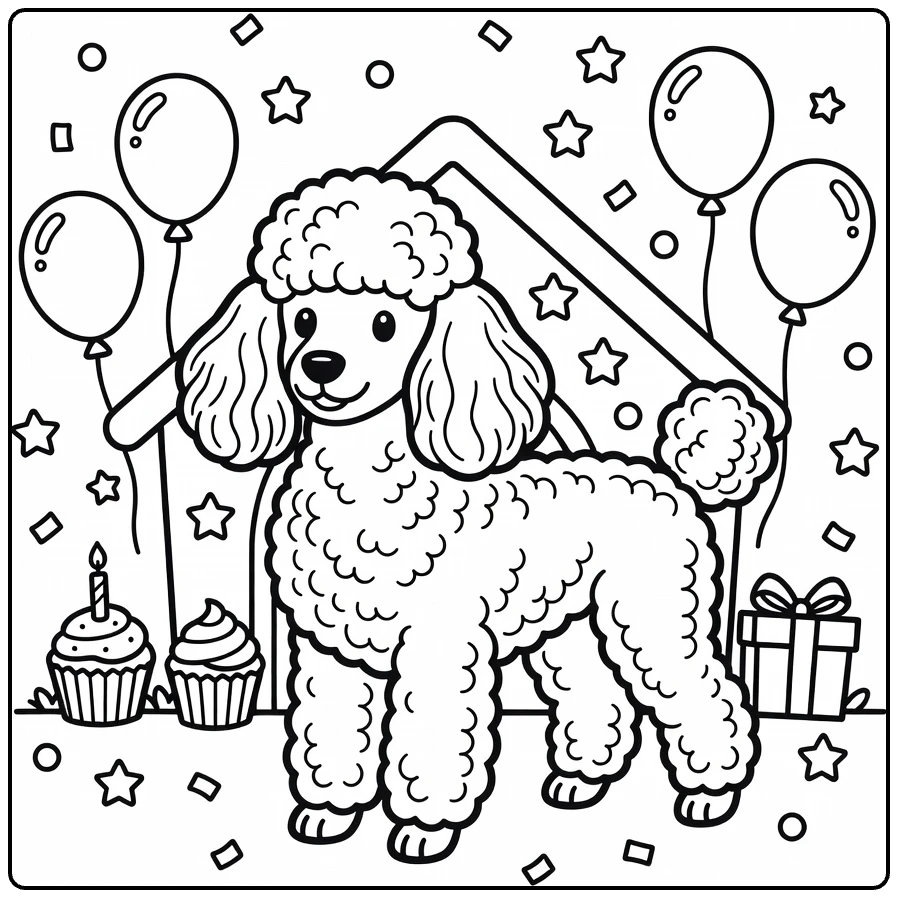 Festive Poodle at Birthday Dog House coloring page