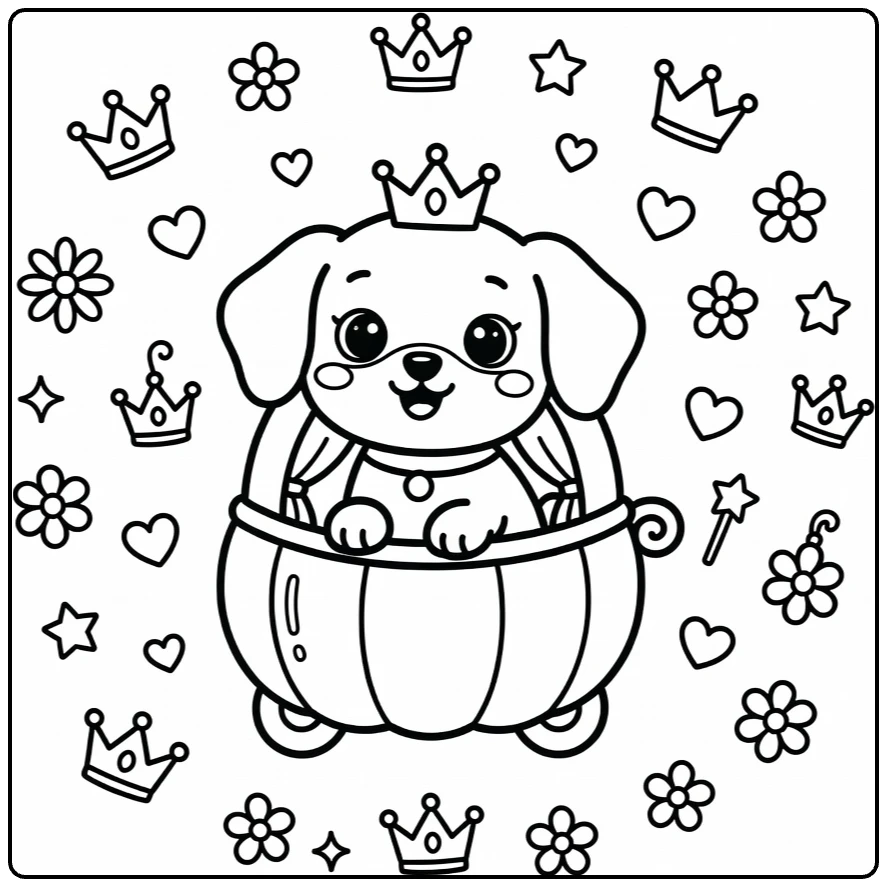 Princess Puppy Coloring Page: Cute pup in pumpkin carriage with crowns, hearts