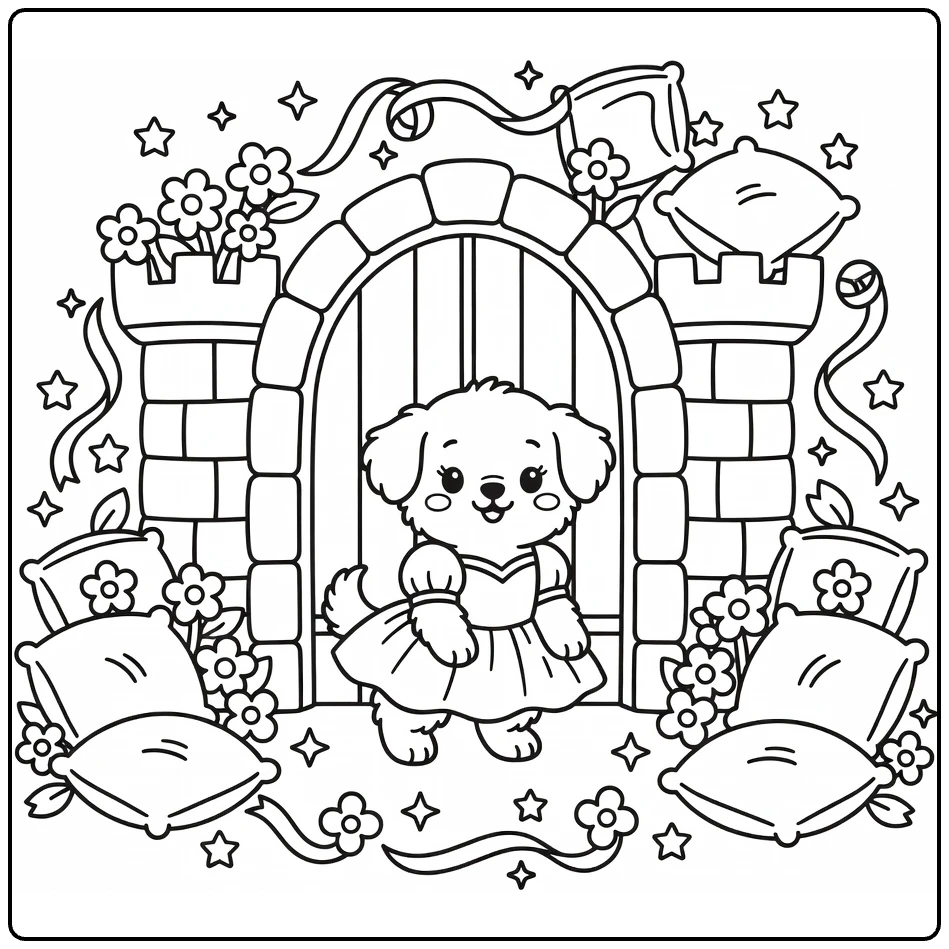 Princess Puppy Coloring Page: pup in dress by castle gate