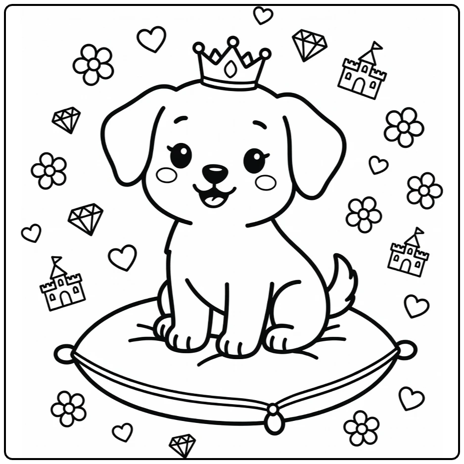 Princess Puppy Coloring Page: crowned pup on royal cushion