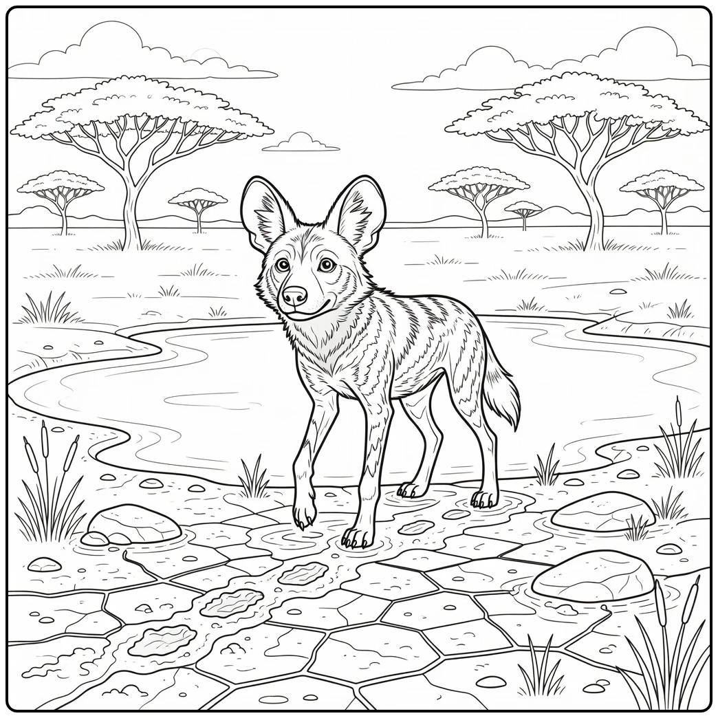 A curious african wild dog coloring page with one paw lifted.