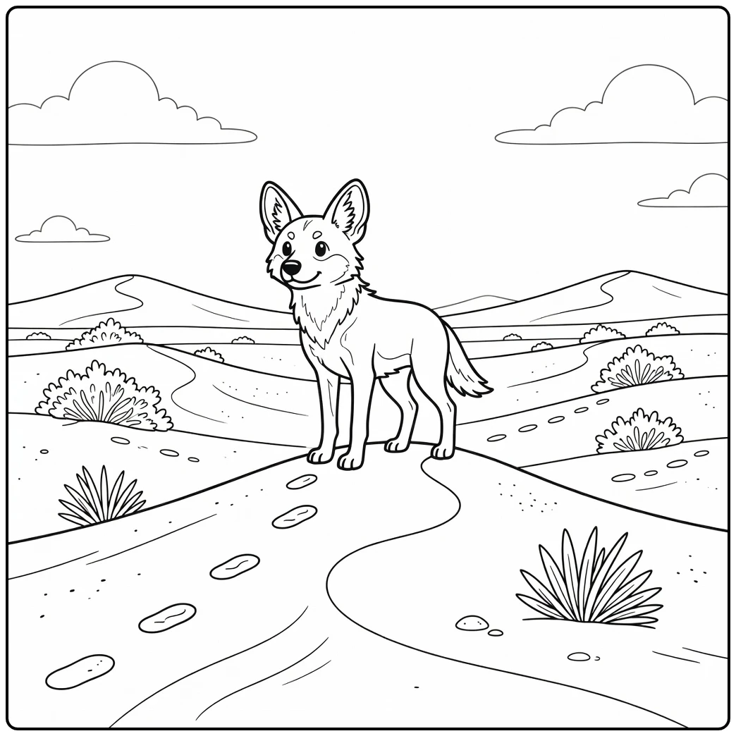 A friendly wild dog coloring page on a sandy dune ridge.