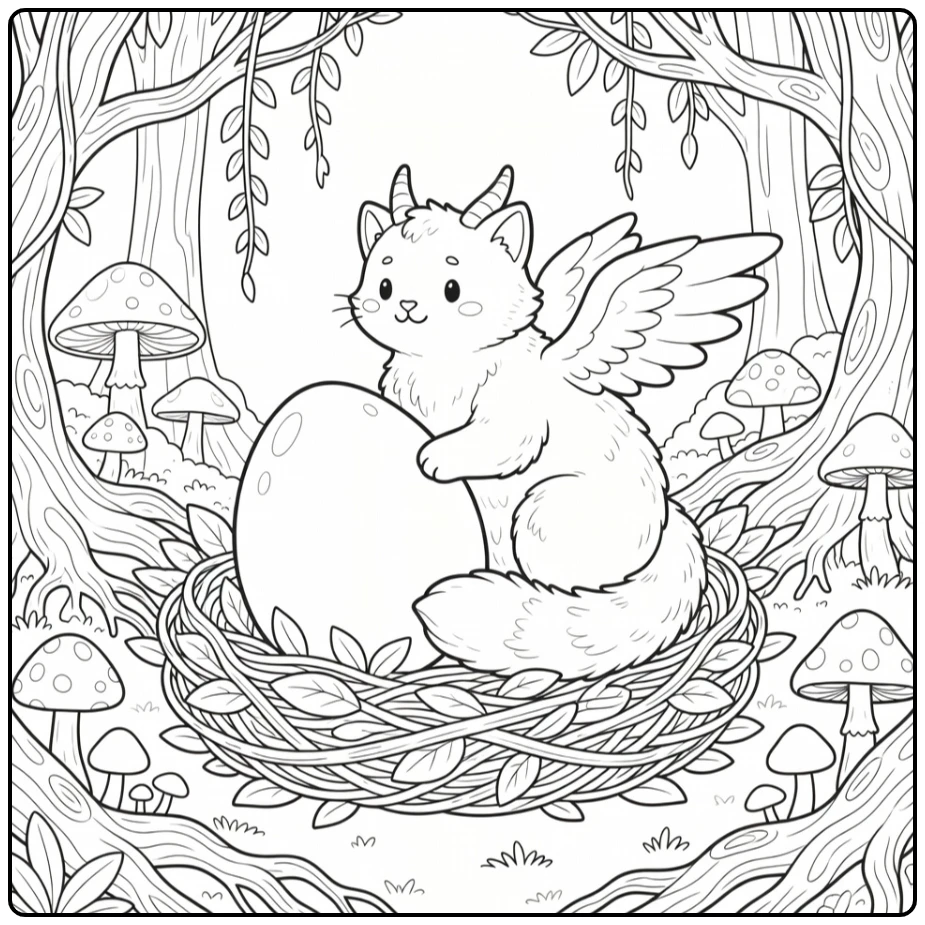 Cat dragon coloring pages: fluffy winged cat guarding giant egg