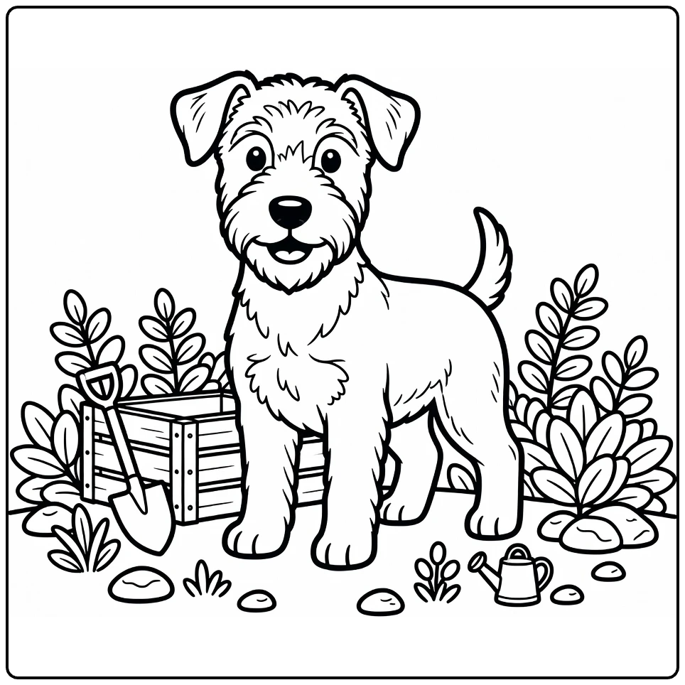 Puppy coloring page: proud Airedale Terrier with crate, shovel