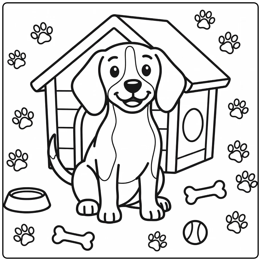 Cheerful Beagle sitting proudly at Dog House coloring page