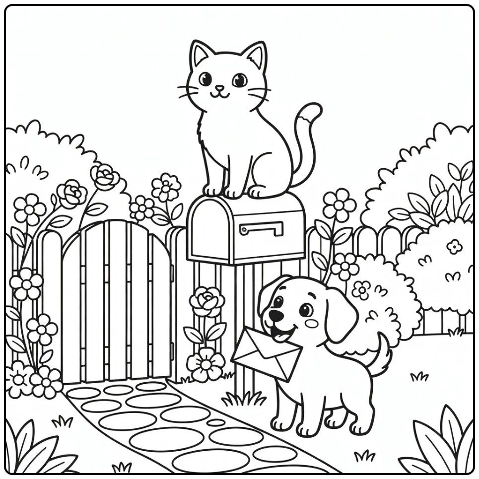Cat on mailbox, dog with letter - cat and dog coloring pages