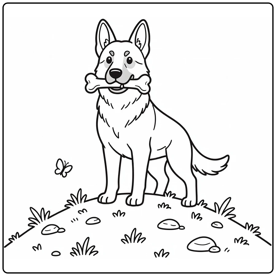Dog with bone coloring page: proud German Shepherd on hill