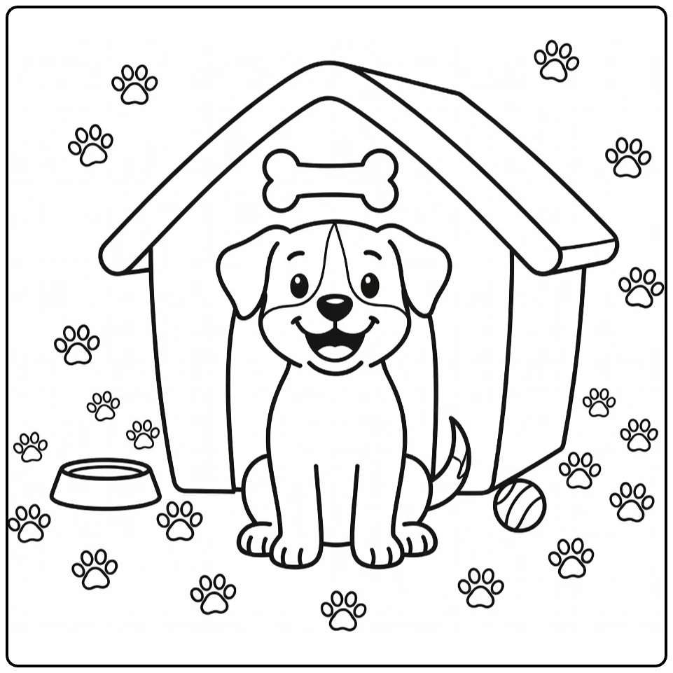 Dog House coloring page: happy puppy, bone sign, bowl, ball, paw prints