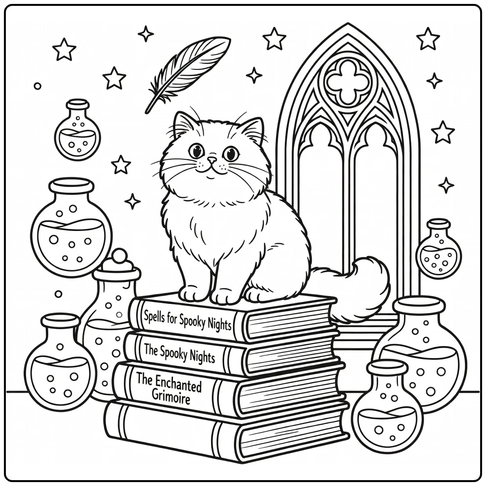 Halloween cat coloring pages: Persian cat on spell books