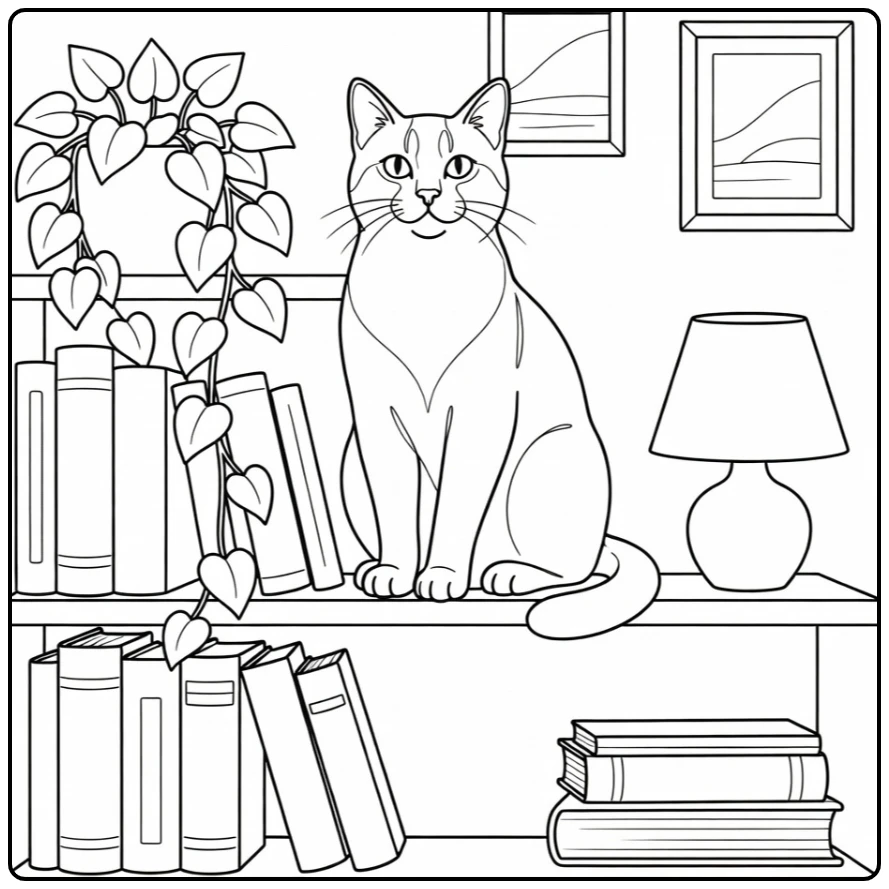 Realistic cat coloring pages: proud cat on bookshelf with books