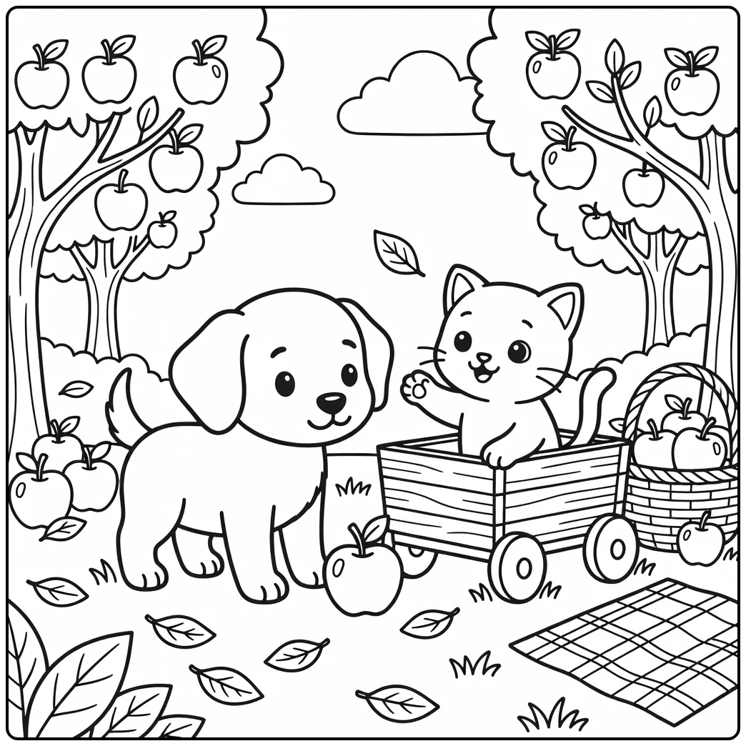 Puppy and kitten coloring pages: playful harvest orchard scene