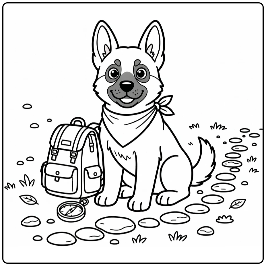 Puppy coloring page of brave German Shepherd with bandana, backpack