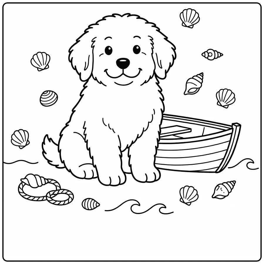 Puppy coloring page of fluffy Newfoundland pup by rowboat, seashells