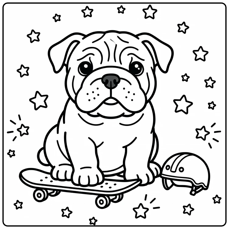 Puppy coloring page: Wrinkly English Bulldog with skateboard