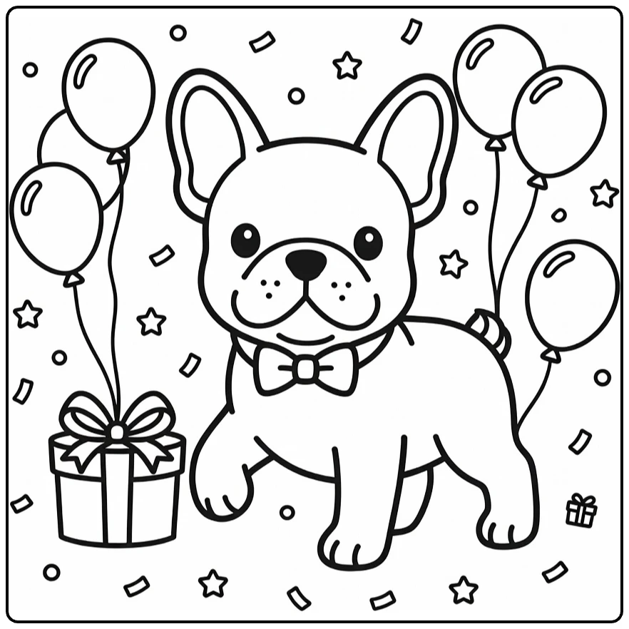 Puppy coloring page of playful French Bulldog in bow tie with gift box, balloons