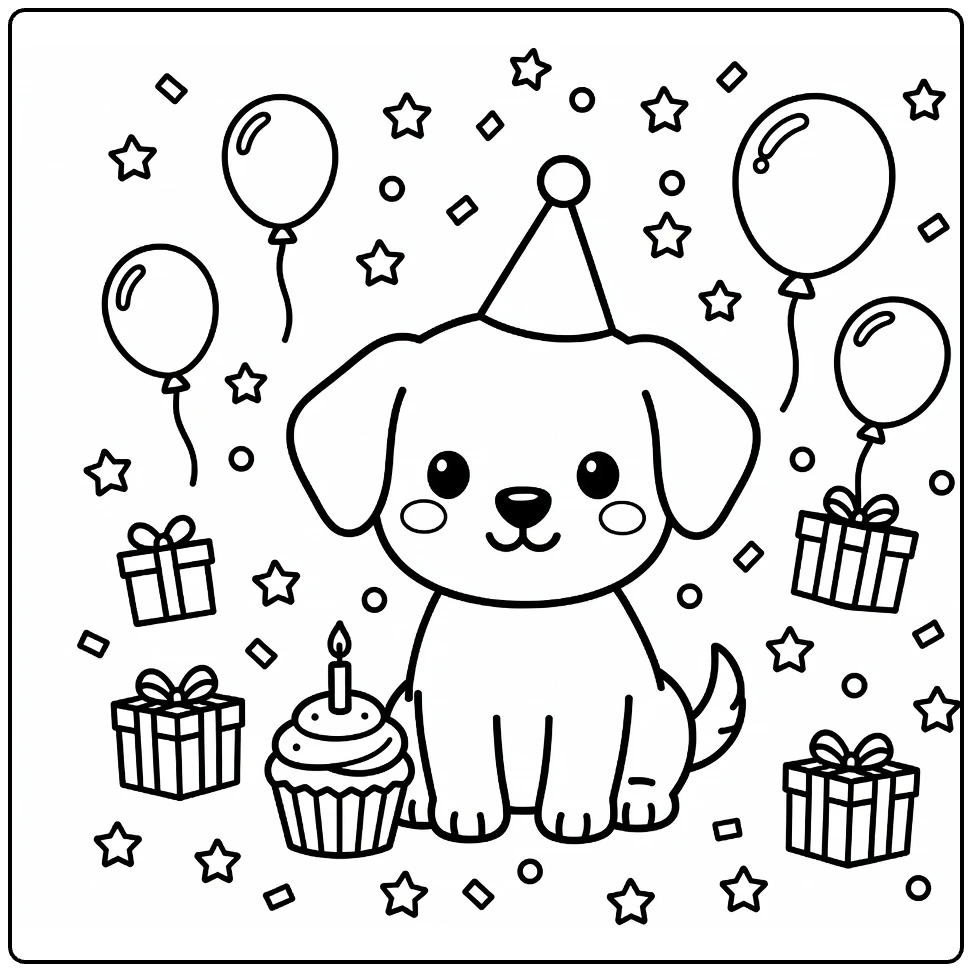 Puppy coloring page for kids: pup in party hat with cupcake