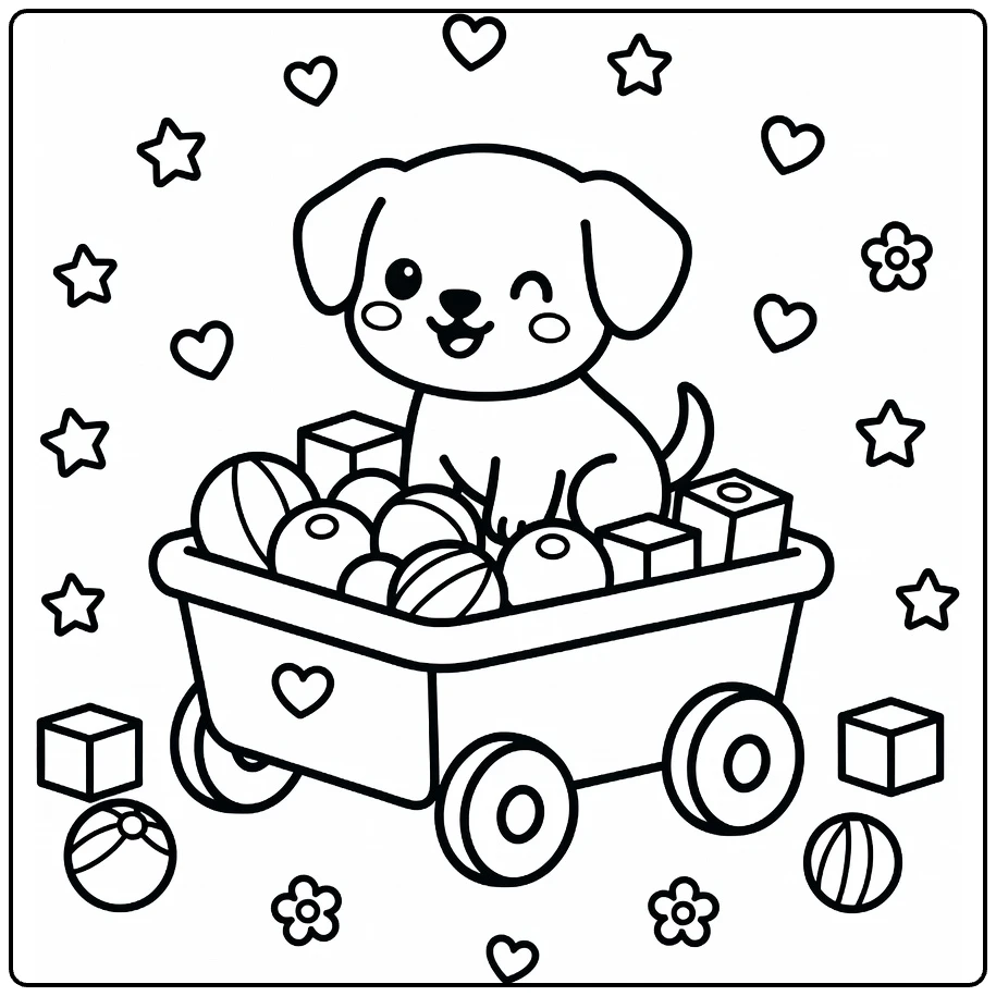 Puppy coloring page for kids: cute pup in toy wagon with balls