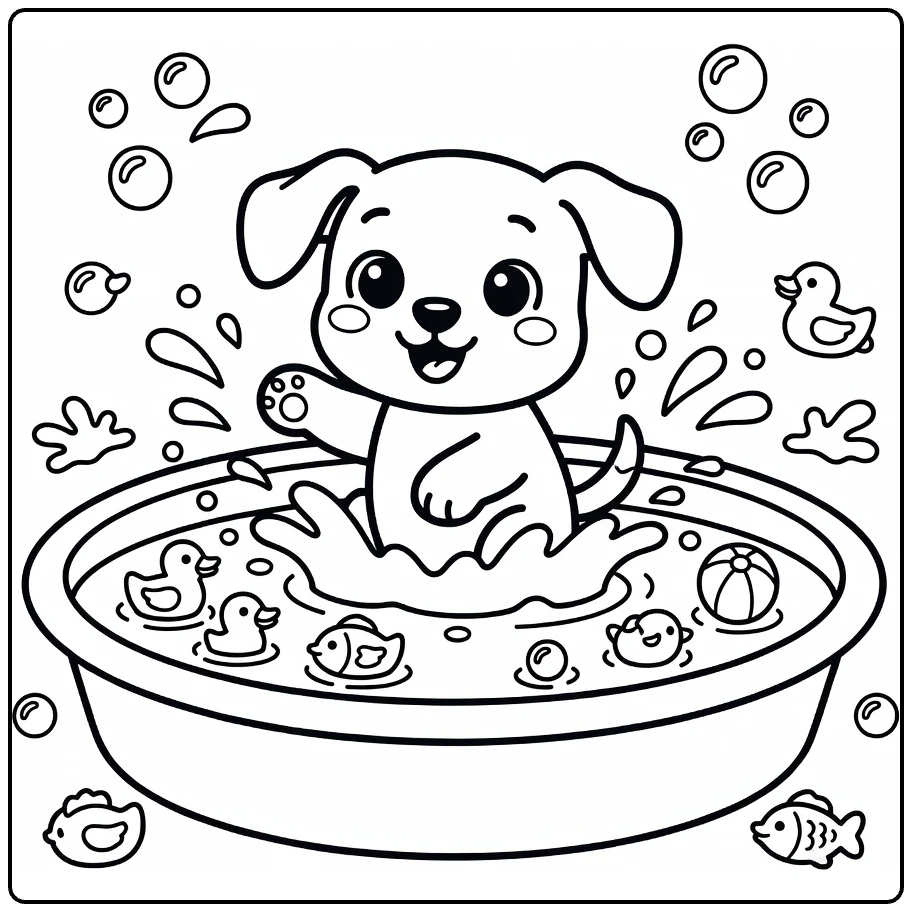 Puppy coloring page for kids: pup splashing in pool with toys