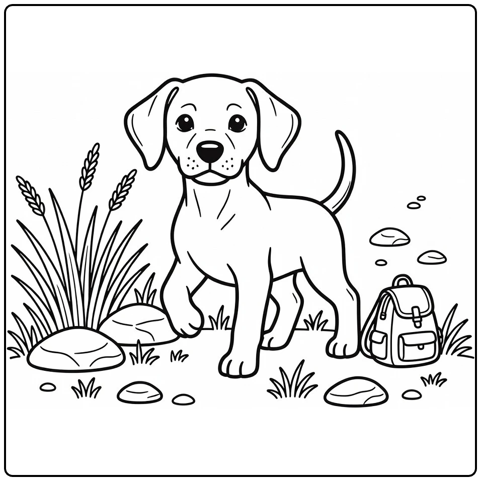 Puppy coloring page: Brave Rhodesian Ridgeback with safari grass, rocks, backpack