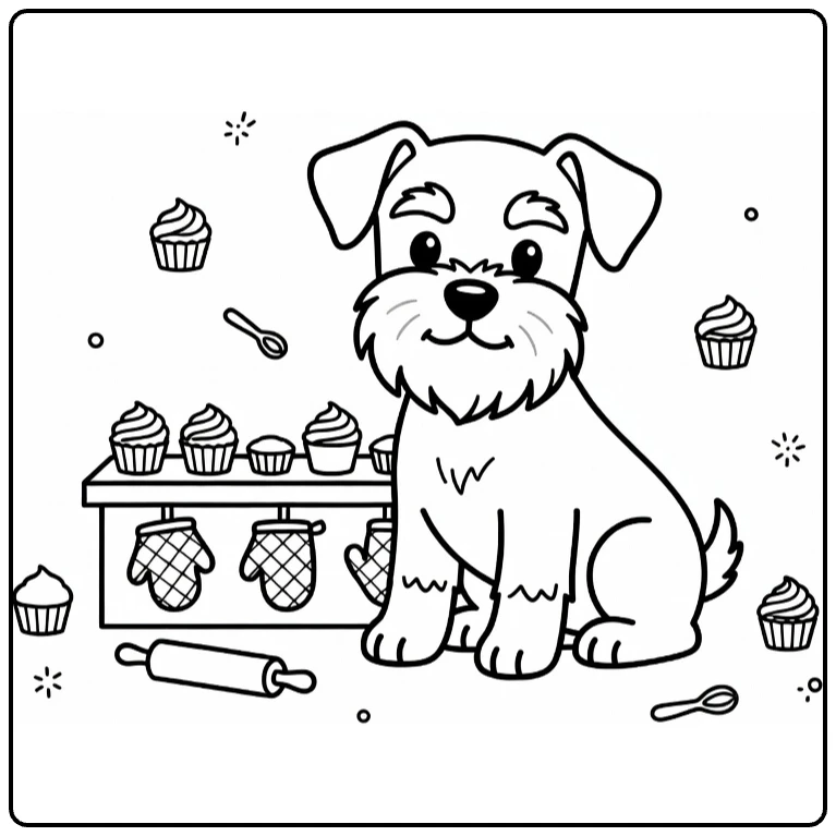 Puppy coloring page: Mini Schnauzer by bakery counter