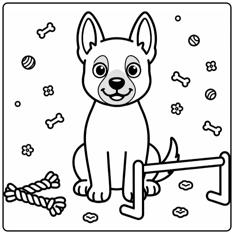 Puppy coloring page: alert Belgian Malinois with hurdle, toy, treats