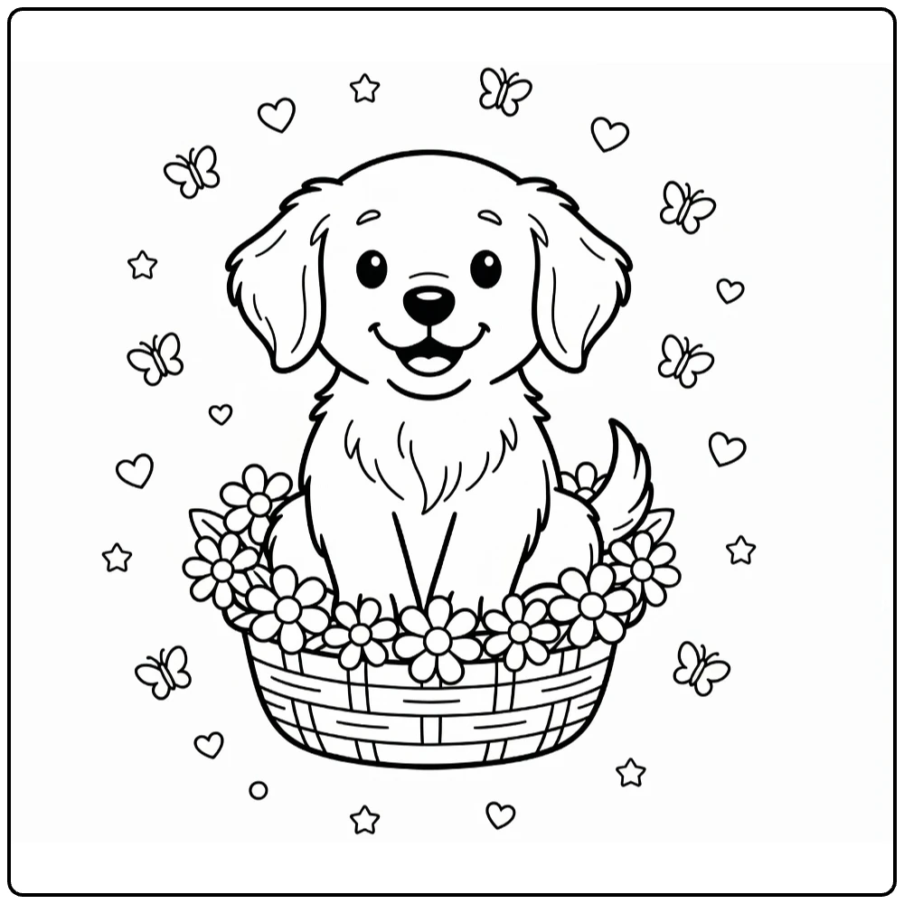 Puppy coloring page: Golden Retriever in daisy basket