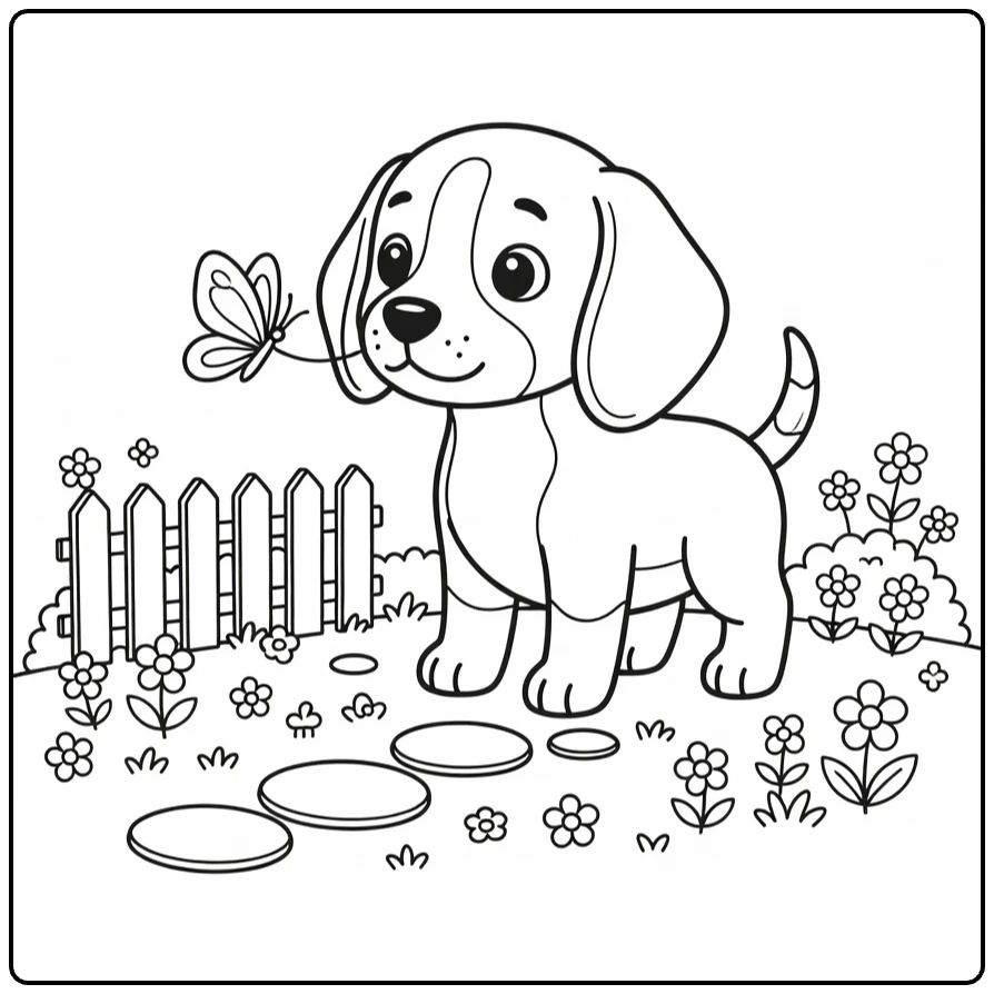 Puppy coloring page: Beagle sniffing butterfly by fence