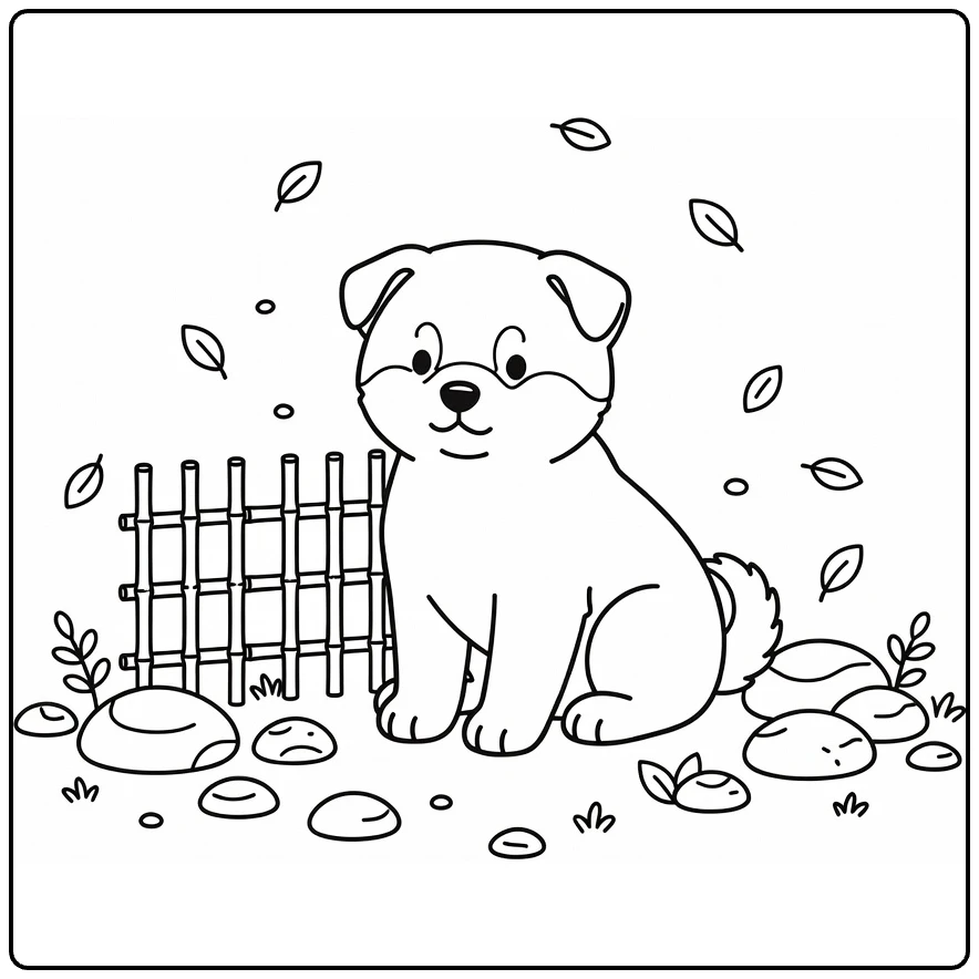 Puppy coloring page: calm Akita by bamboo fence, stones, leaves