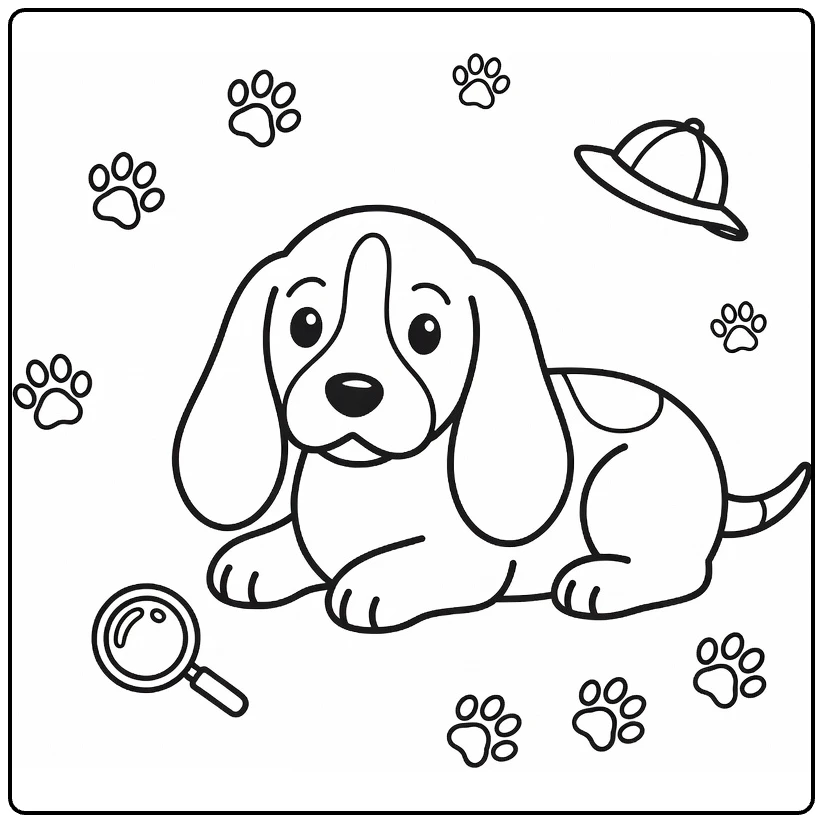 Puppy coloring page: Basset Hound with detective glass, prints