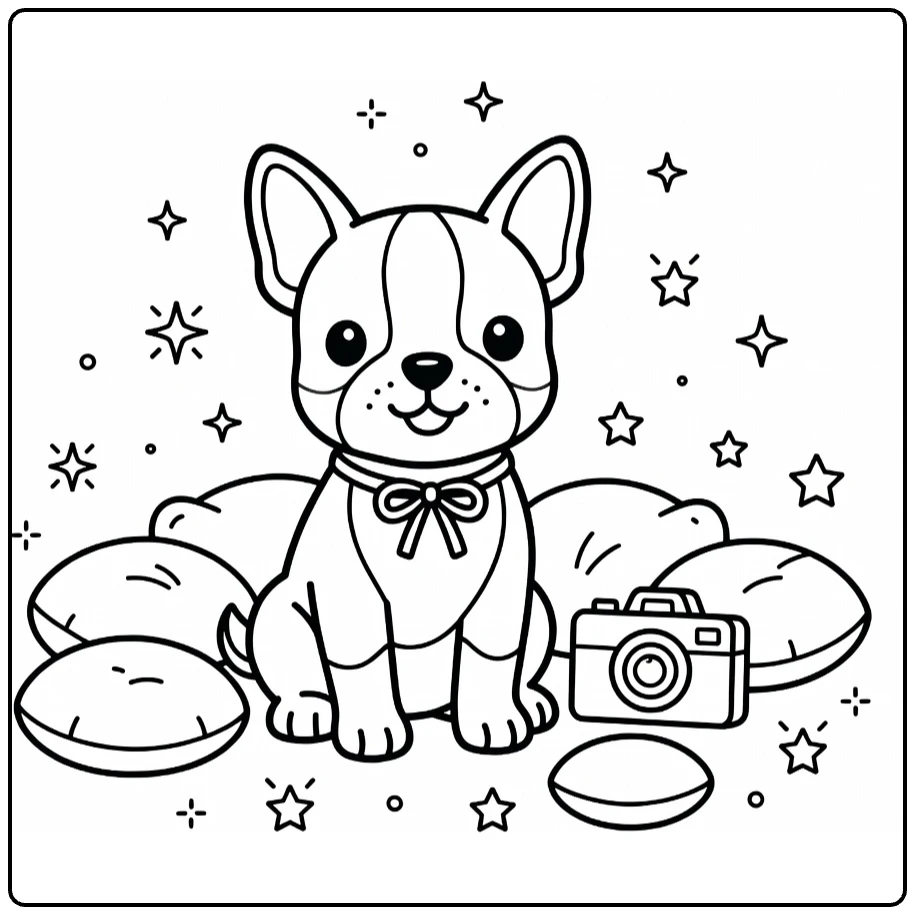 Puppy coloring page: Boston Terrier with bow collar, camera