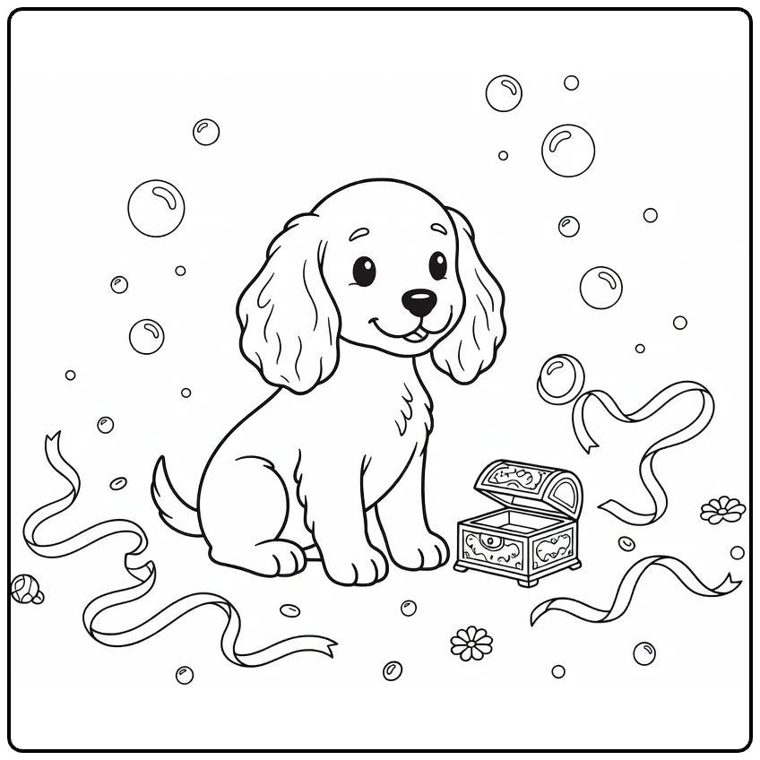 Puppy coloring page: floppy-eared Cocker Spaniel with music box