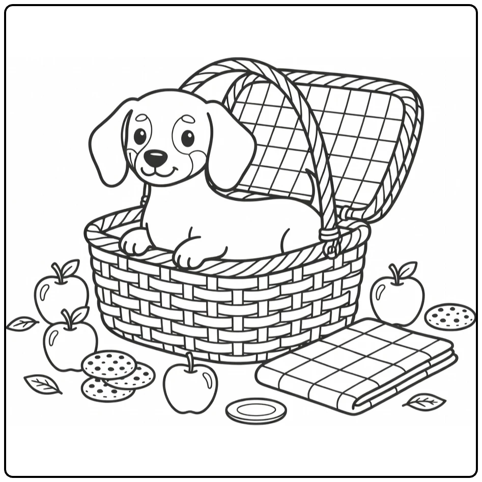 Puppy coloring page: Dachshund peeking from picnic basket with apples, cookies
