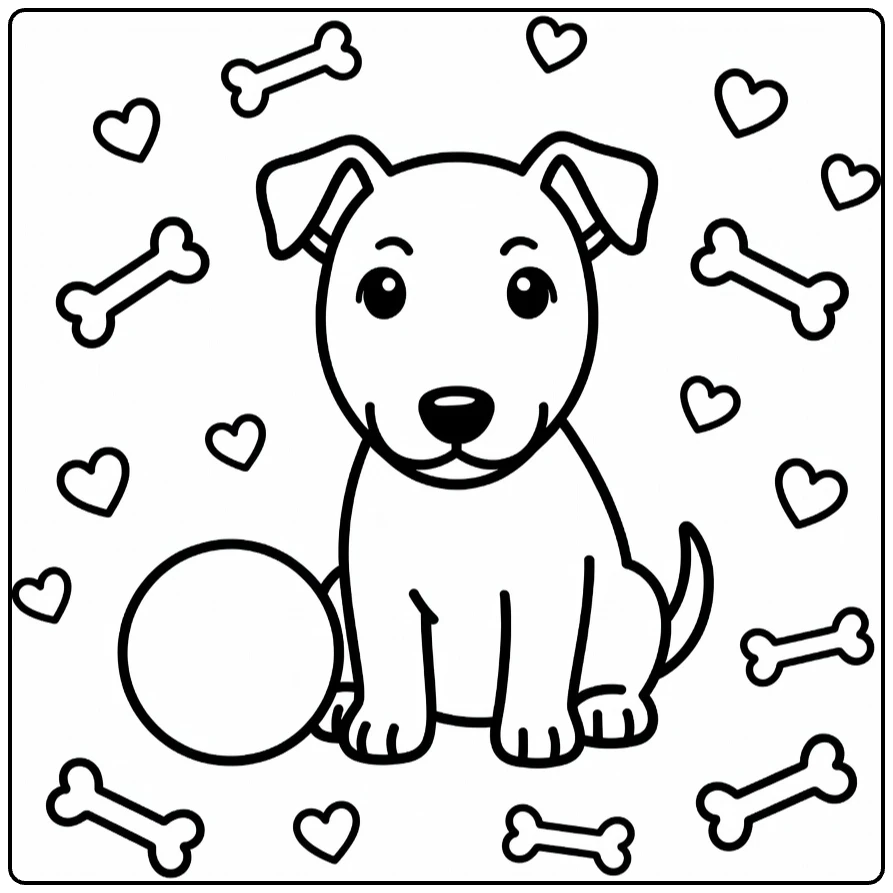 Puppy coloring page: Funny Bull Terrier with ball, bones, hearts