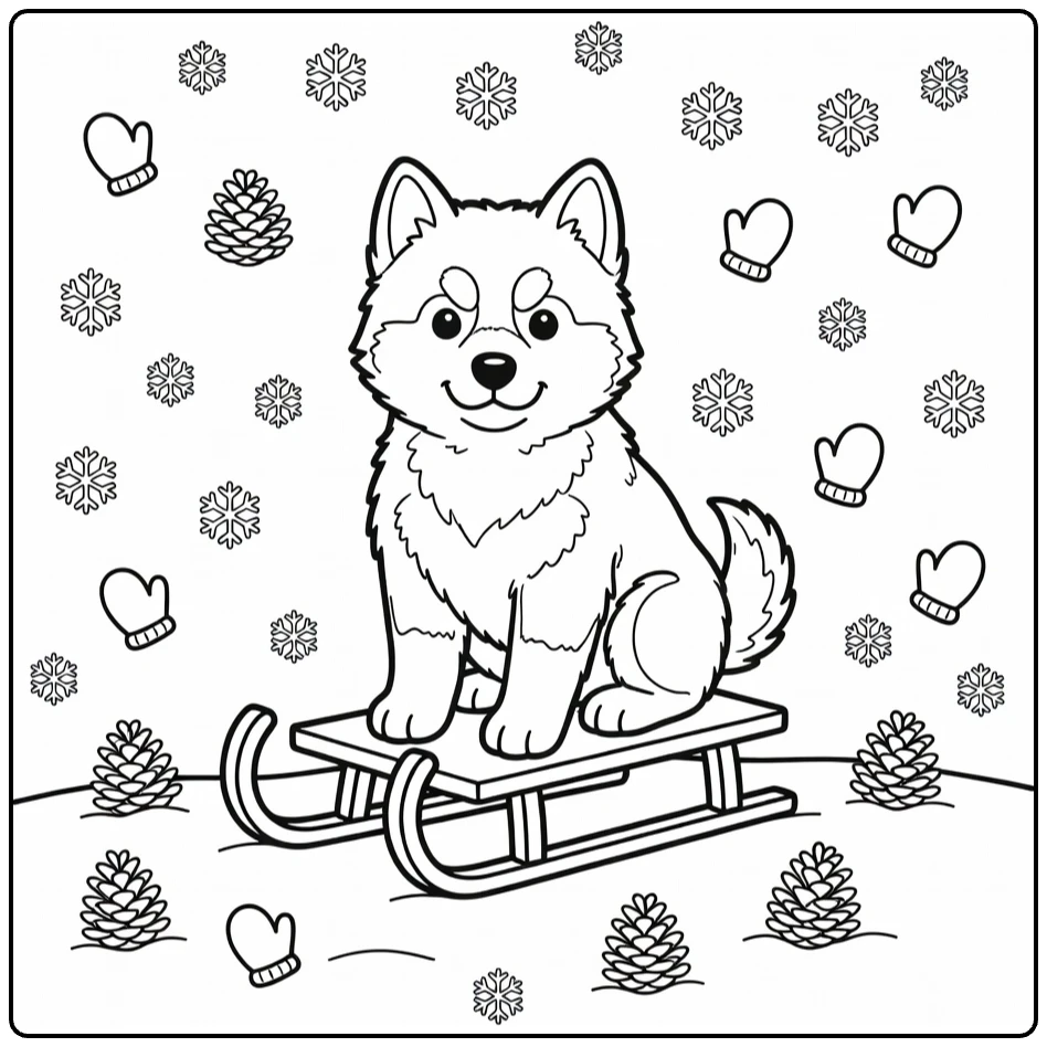 Puppy coloring page: fluffy Husky on sled with snowflakes