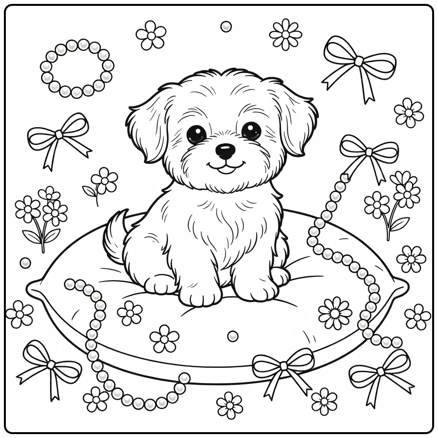 Puppy coloring page: Maltese pup on pillow with pearls, bows