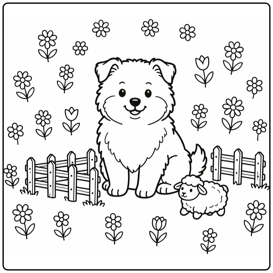 Puppy coloring page: fluffy Shetland Sheepdog by fence, toy