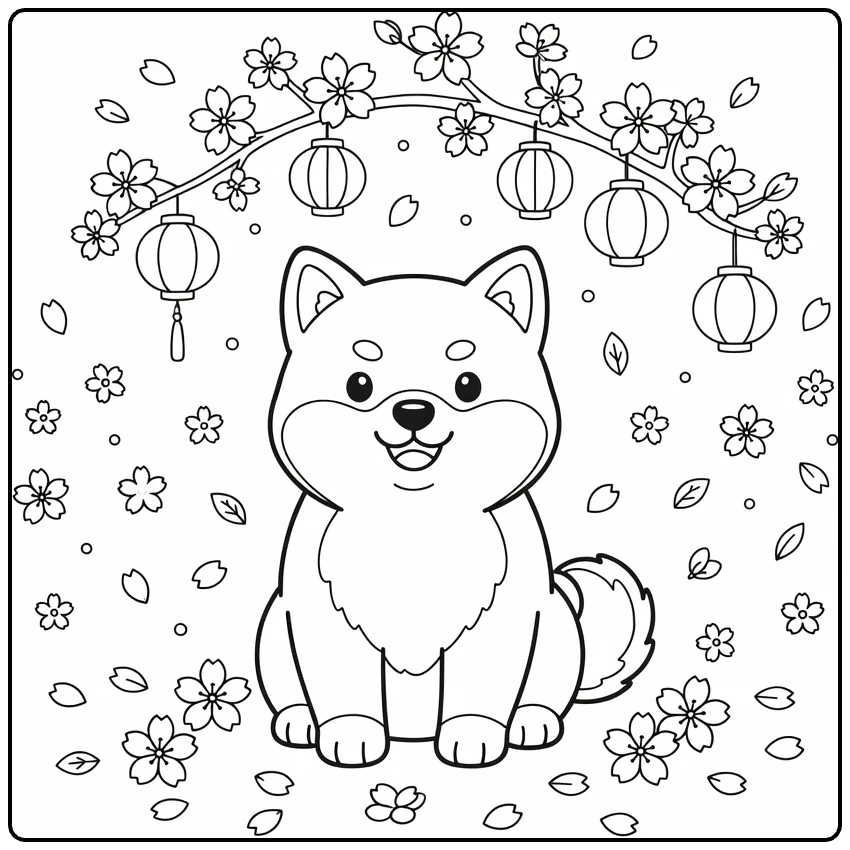 Puppy coloring page: smiling Shiba Inu under cherry blossoms
