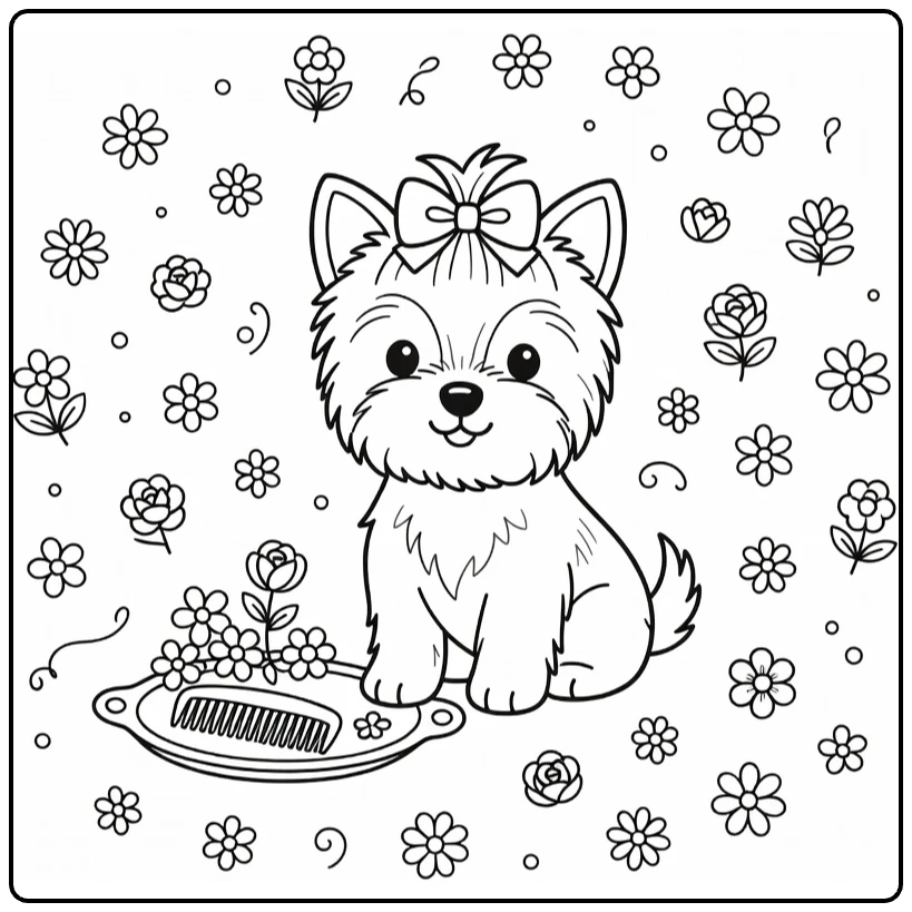 Puppy coloring page: Yorkie with bow by vanity, comb, flowers