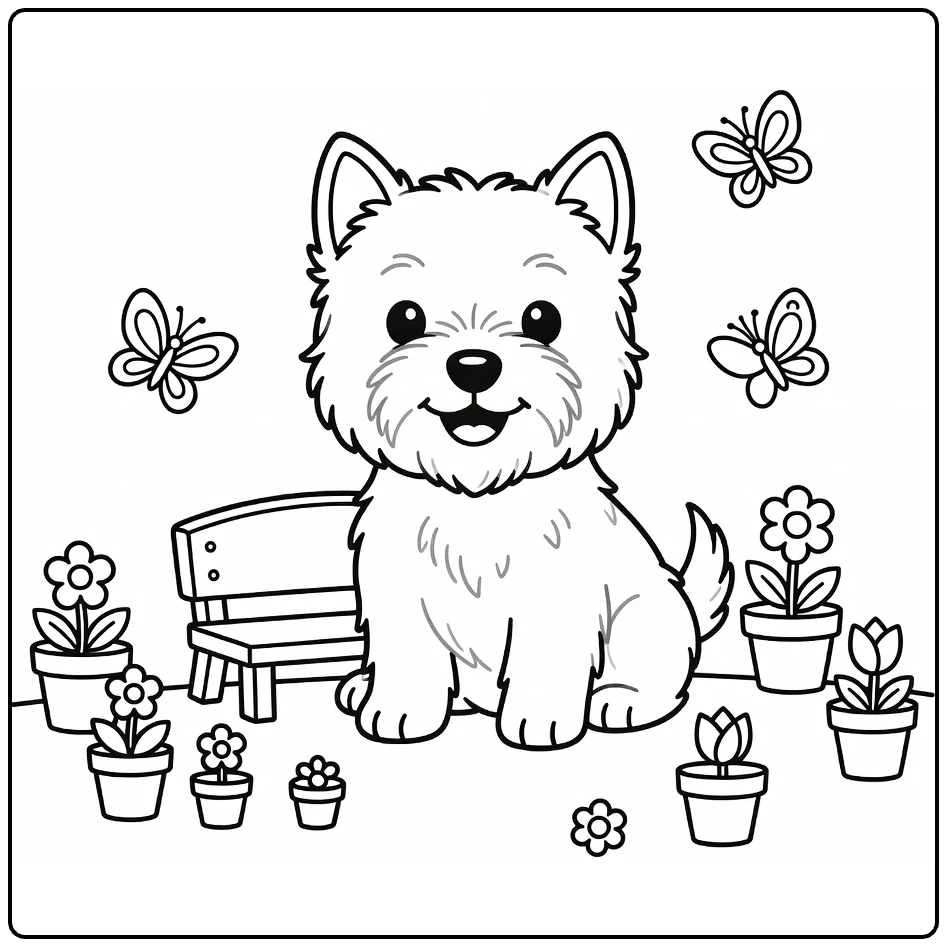 Puppy coloring page: cheerful Westie with bench, pots, butterflies