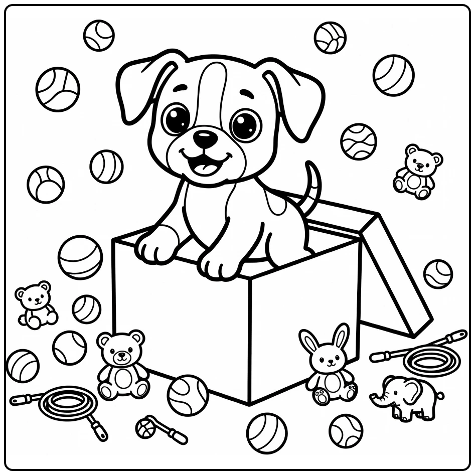 Puppy coloring page: Boxer pup popping from toy box with balls