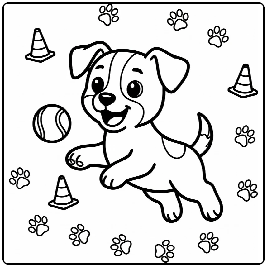 Puppy coloring page: Jack Russell Terrier jumping by ball, cones