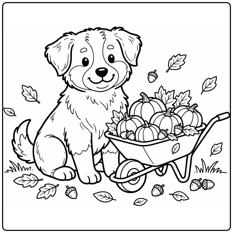 Puppy coloring page: Aussie pup by pumpkin wheelbarrow