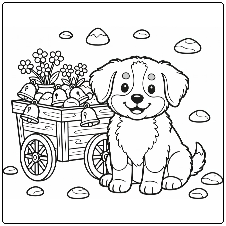 Puppy coloring page: Bernese pup by milk cart with flowers