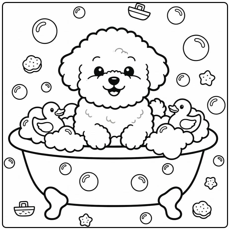 Puppy coloring page: Bichon Frise in bubble bath with ducks