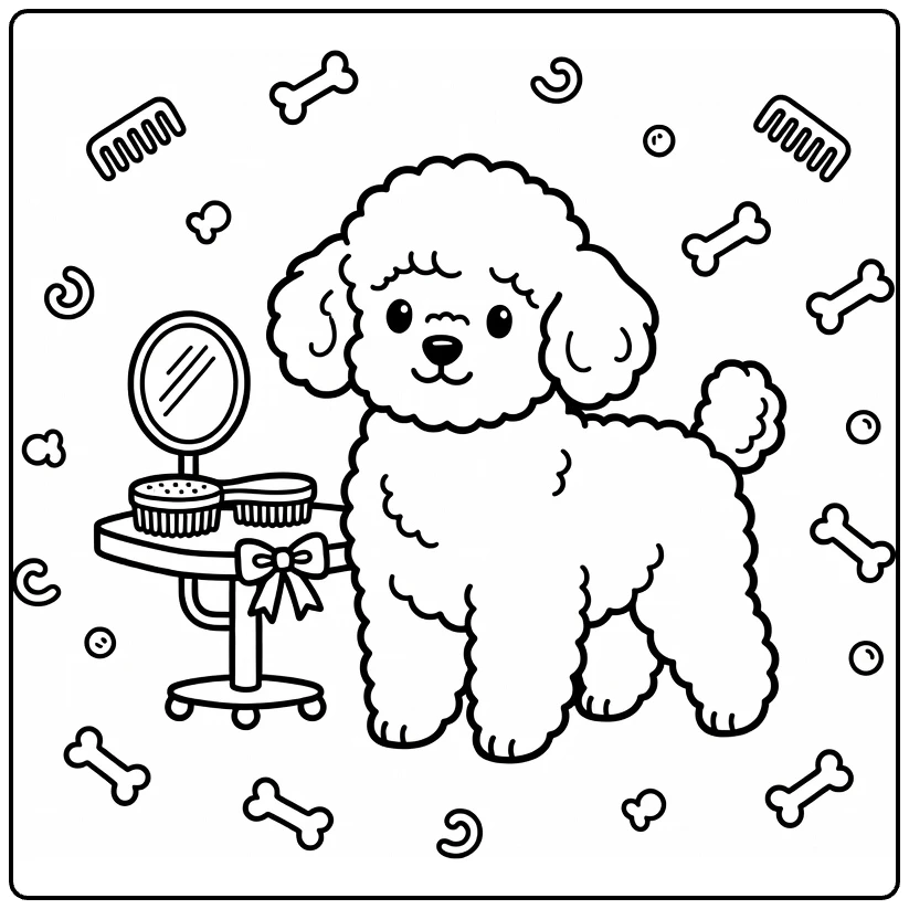 Puppy coloring page: proud poodle by grooming table, brush