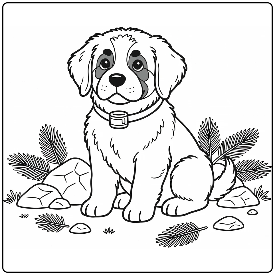 Puppy coloring page: Saint Bernard with barrel collar by rocks