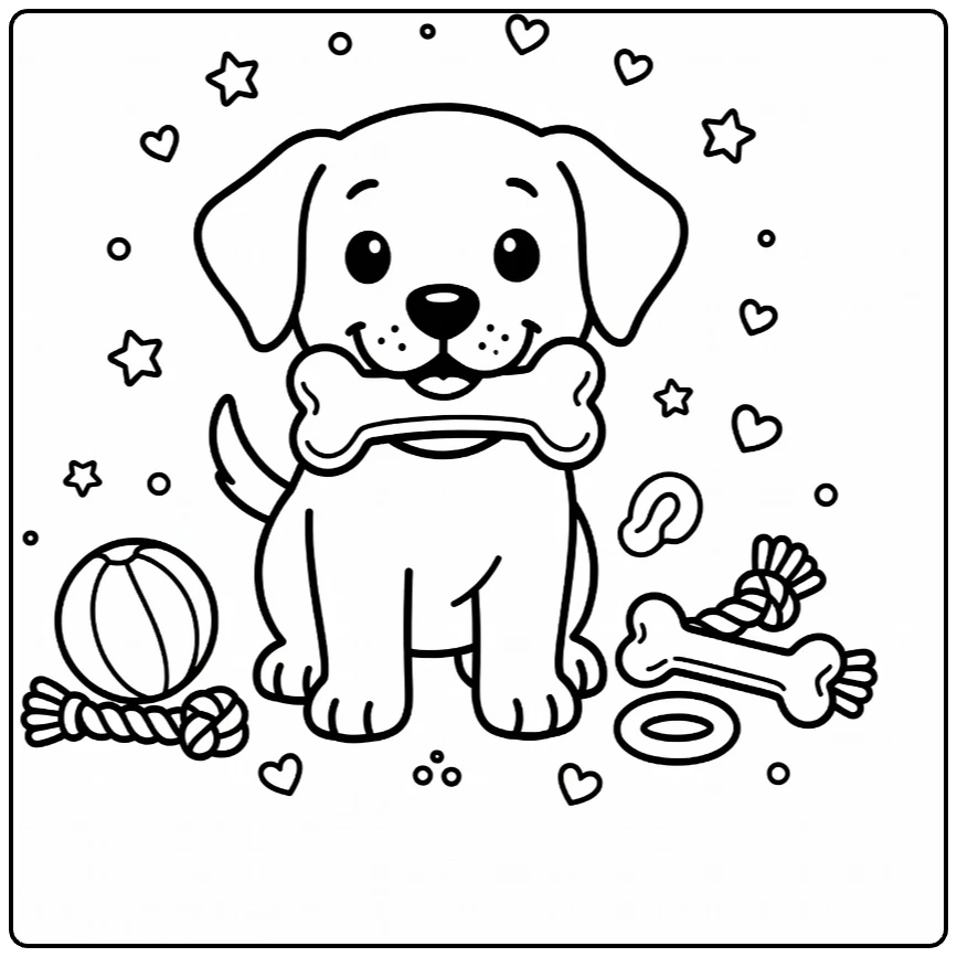 Puppy coloring page: Labrador with toy bone, ball, chew toys