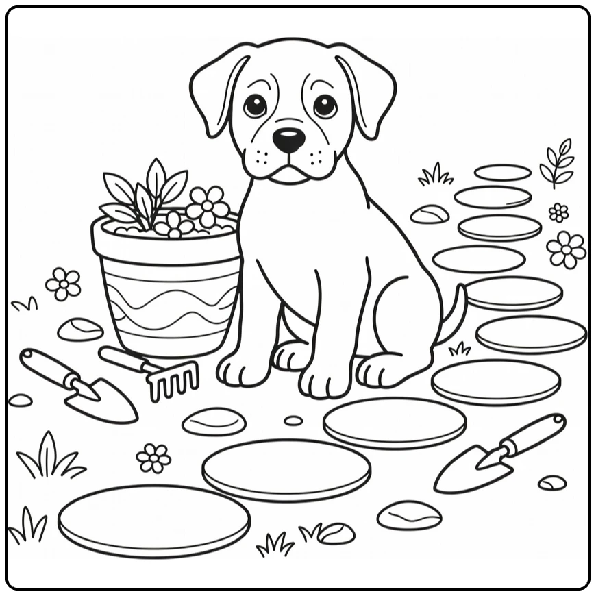 Puppy coloring page: Cane Corso pup with flower pot, tools