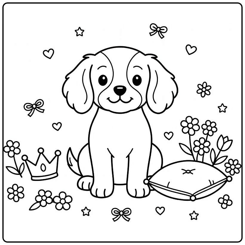 Puppy coloring page: Cavalier King Charles Spaniel by cushion, crown, flowers
